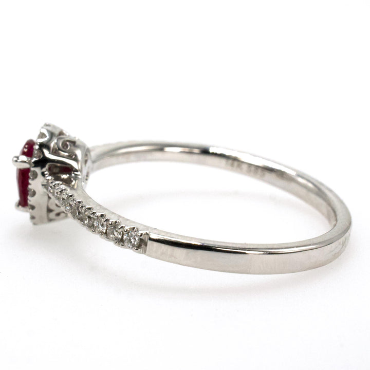 14K White Gold Pear Cut Ruby Engagement Ring with Diamond Halo