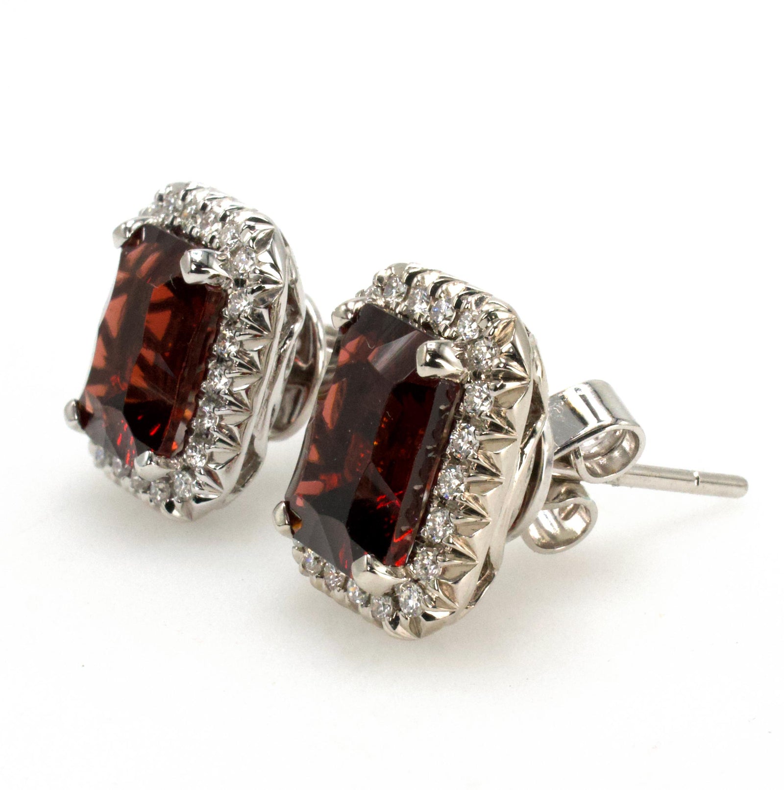 Emerald Cut Red Garnet Stud Earrings with Diamond Halo