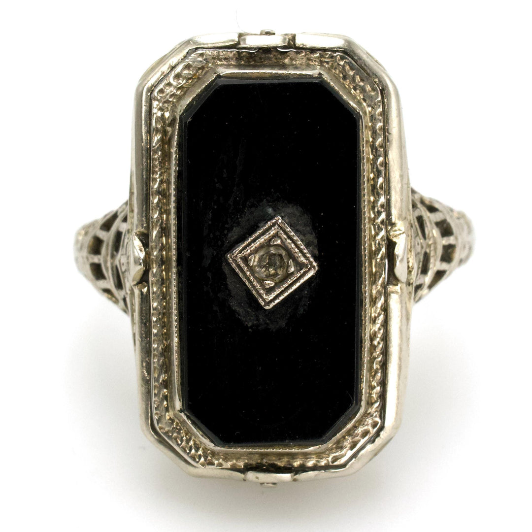 Estate White Gold Filigree Cameo and Onyx Flip Ring