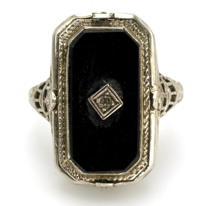 Estate White Gold Filigree Cameo and Onyx Flip Ring