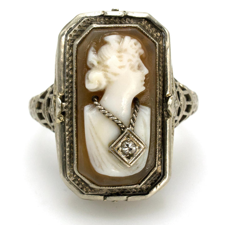 Estate White Gold Filigree Cameo and Onyx Flip Ring