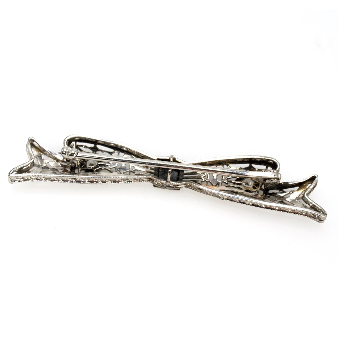 Antique White Gold Opal and Diamond Filigree Bow Pin