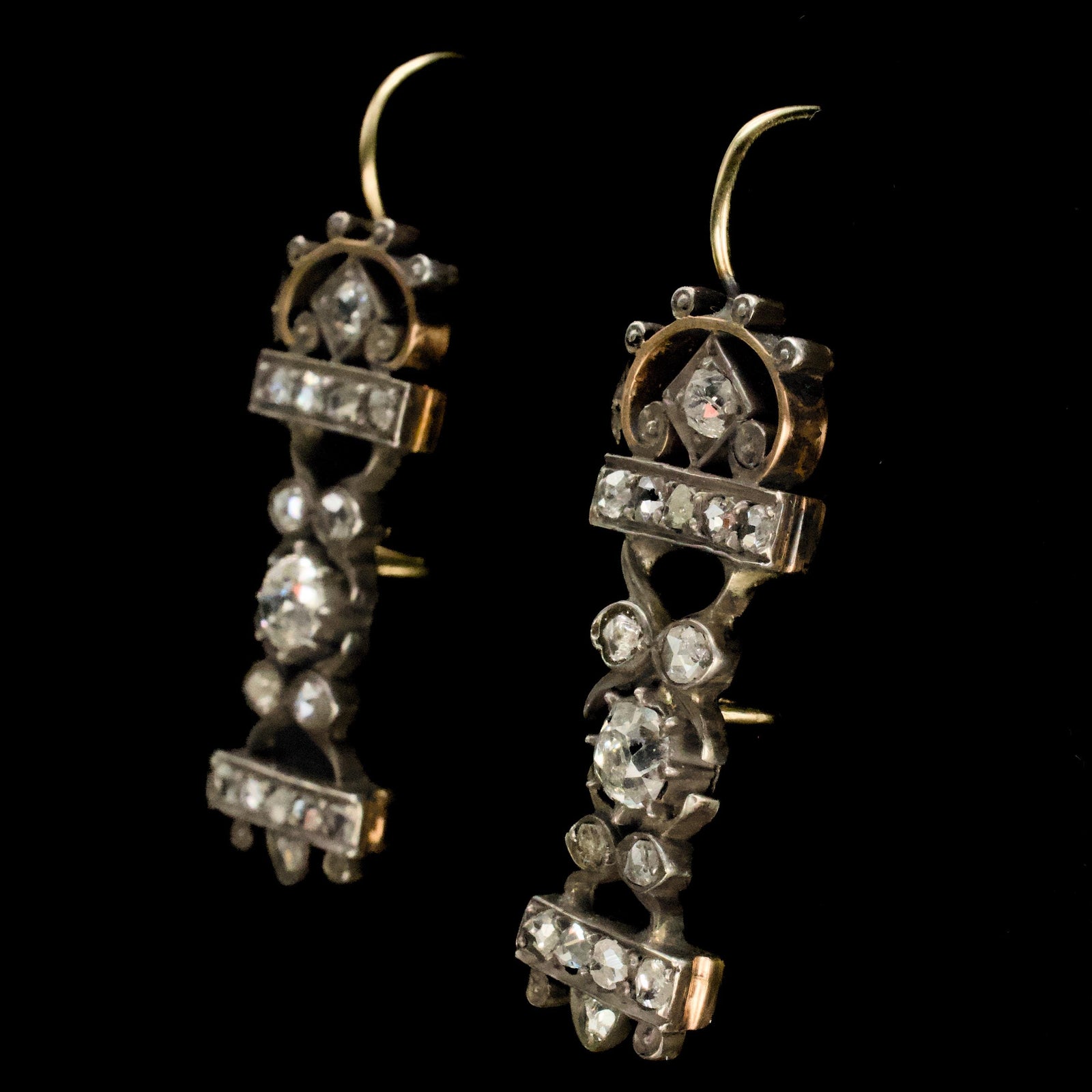 18th Century Georgian Rose & Mine Cut Drop Earrings in Silver and Gold