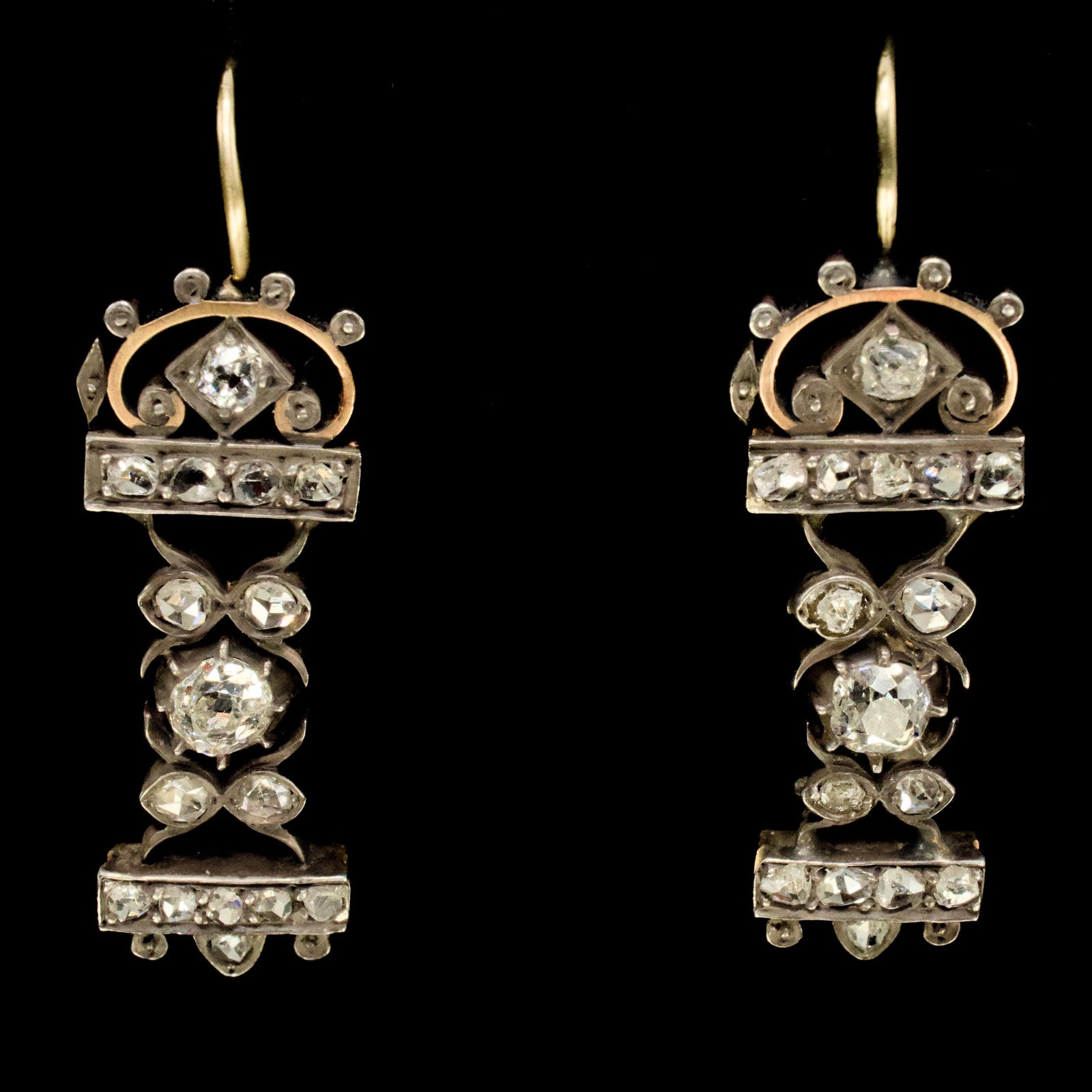 18th Century Georgian Rose & Mine Cut Drop Earrings in Silver and Gold