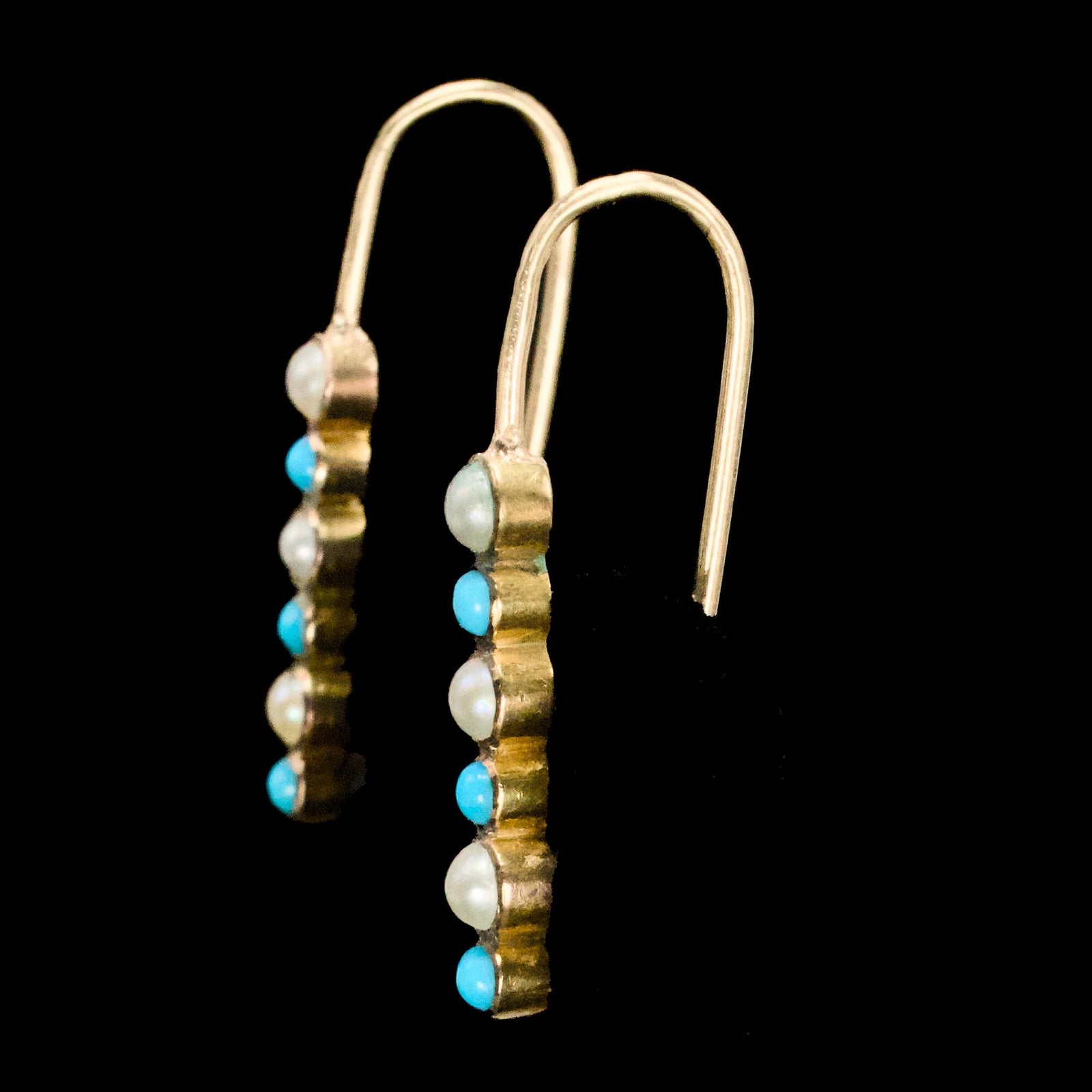 Gold Victorian Pearl and Turquoise Line Earrings