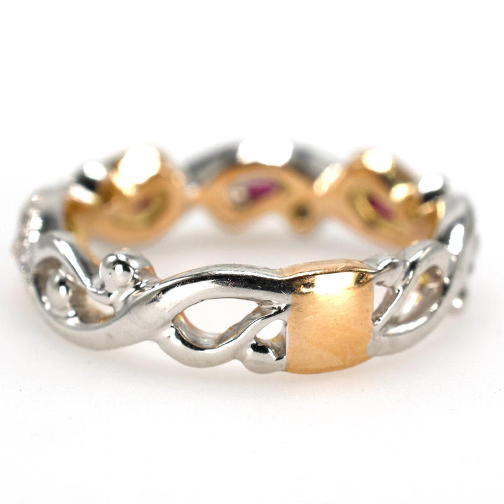 Bicolor White and Rose Gold Diamond and Ruby Twisted Wedding Band