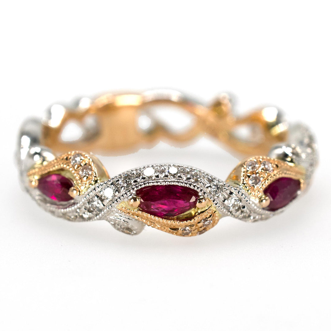 Bicolor White and Rose Gold Diamond and Ruby Twisted Wedding Band