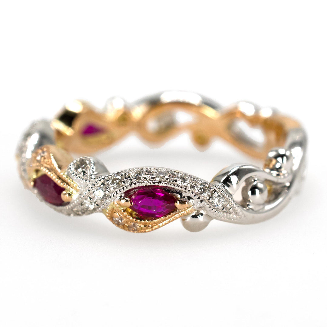 Bicolor White and Rose Gold Diamond and Ruby Twisted Wedding Band