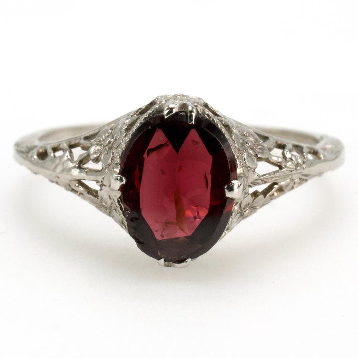 14K White Gold Edwardian Style Filigree Ring with Flat Topped Oval Garnet