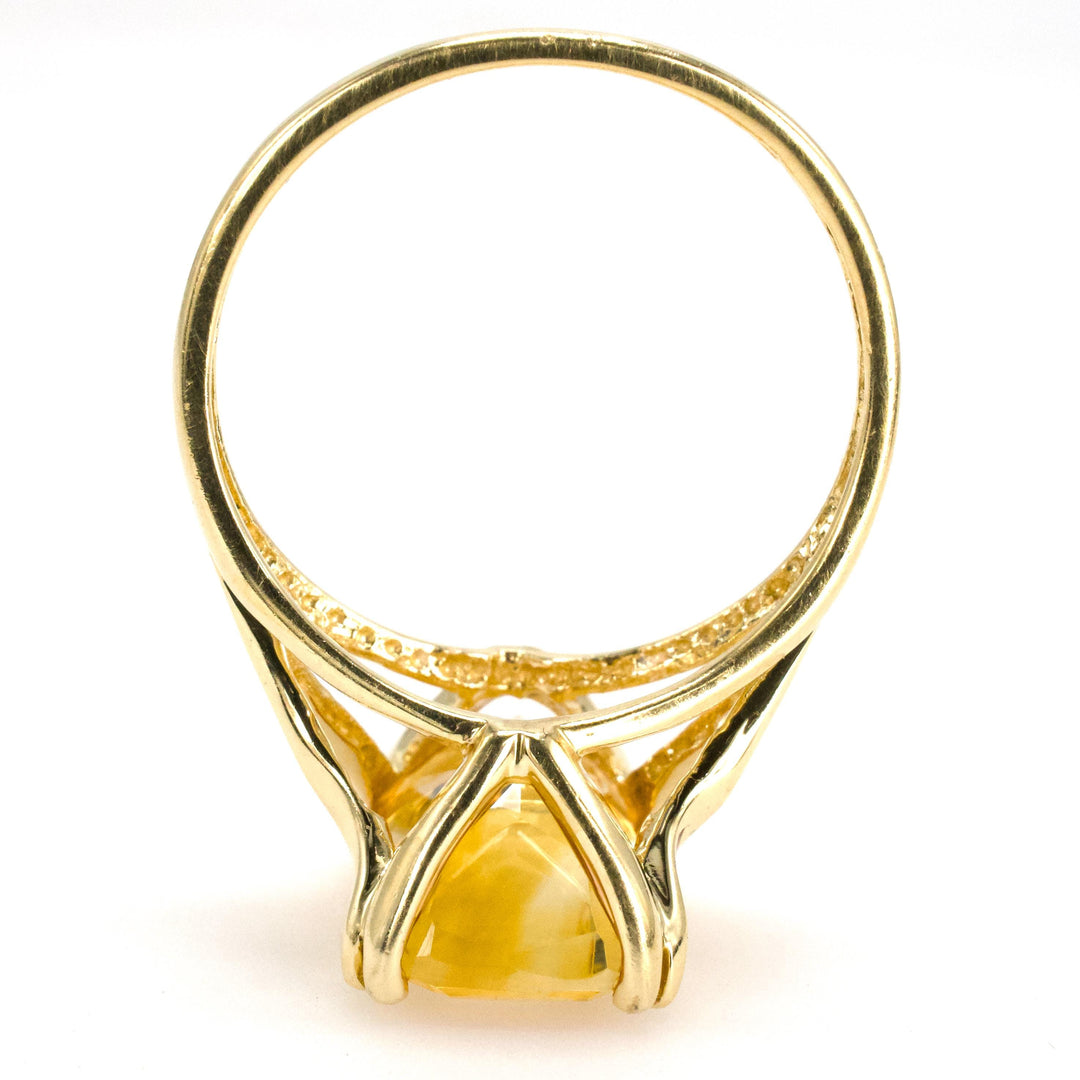 Large Elongated Cushion Cut Citrine in Split Shank Yellow Gold Ring Setting