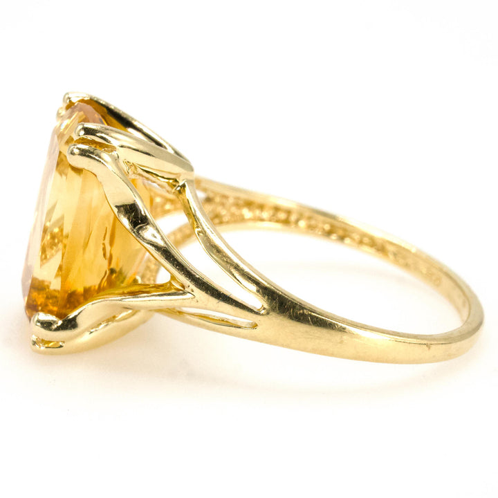 Large Elongated Cushion Cut Citrine in Split Shank Yellow Gold Ring Setting