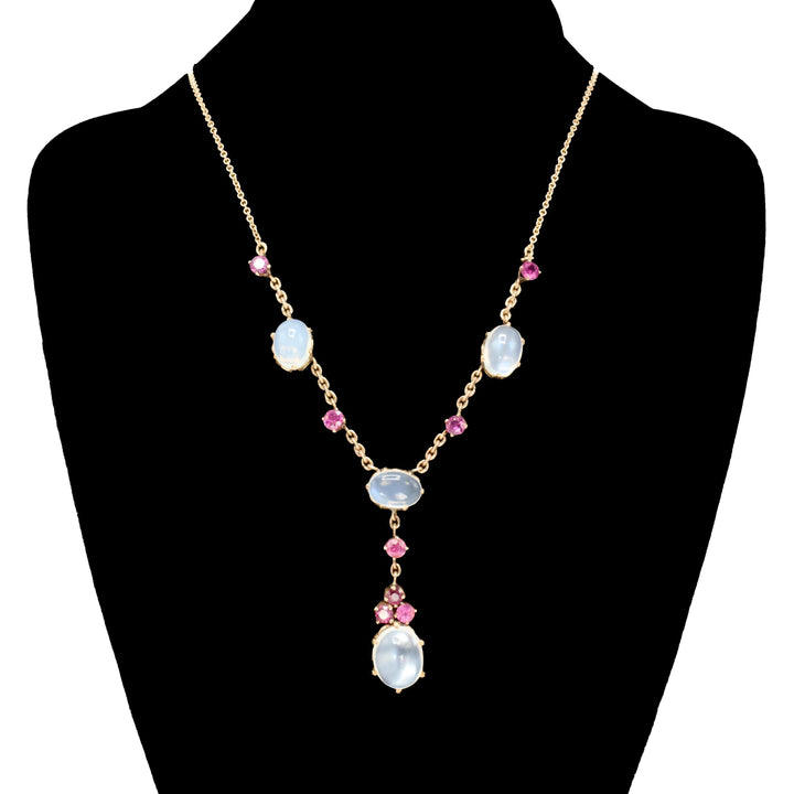 Long and Dainty Victorian Moonstone and Ruby Gold Lavalier Necklace