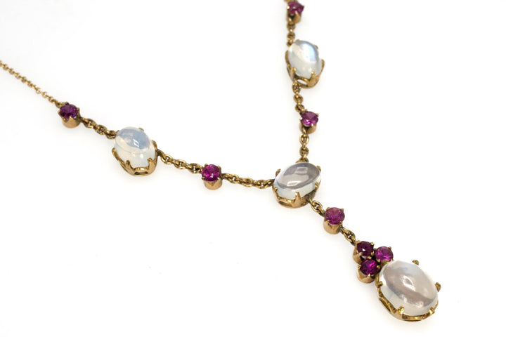 Long and Dainty Victorian Moonstone and Ruby Gold Lavalier Necklace