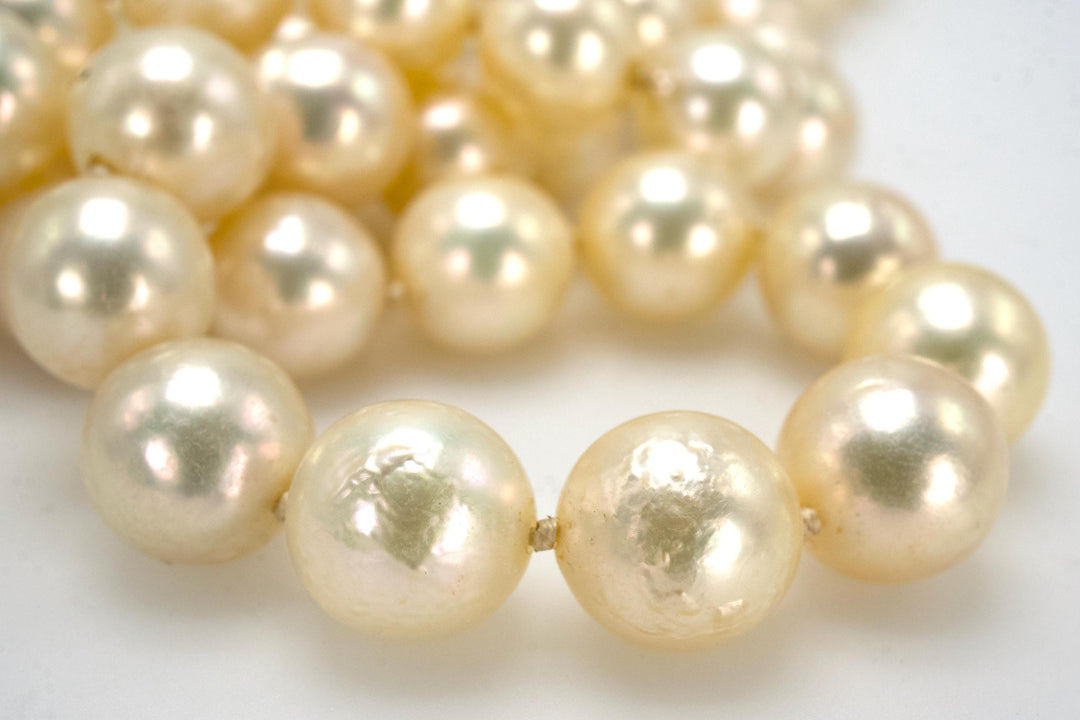 Vintage 34-inch Strand of 10mm Cream Colored White Akoya Pearls