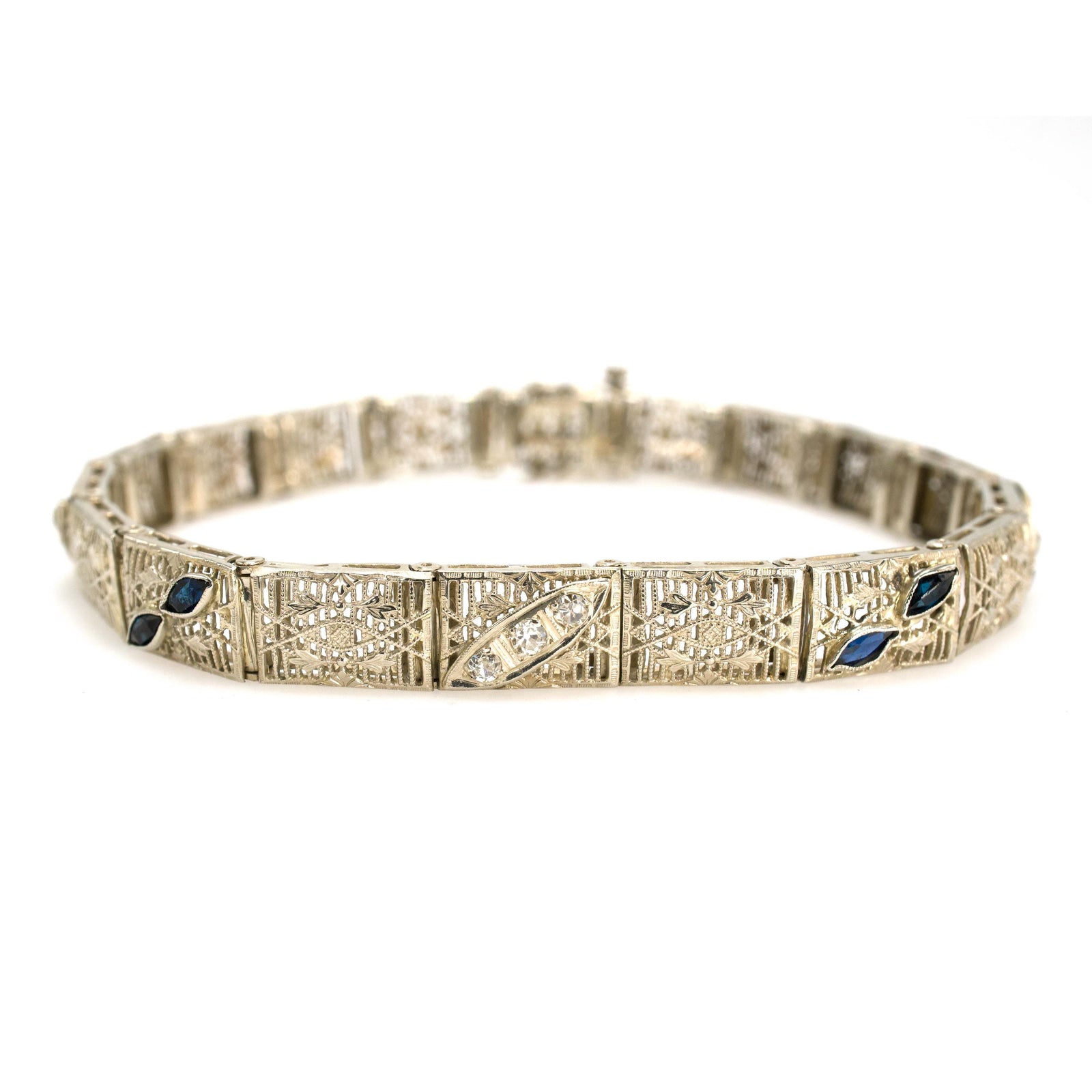 Art Deco Diamond and Sapphire White Gold Link Bracelet
