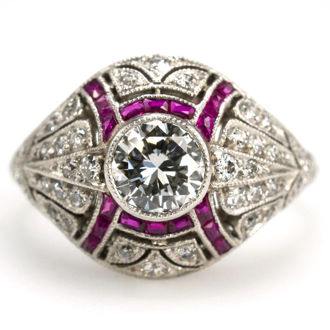 Platinum Art Deco Style Ruby and Diamond Ring with Filigree