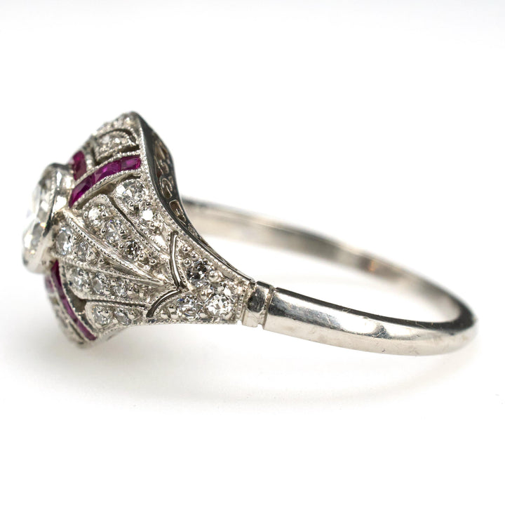 Platinum Art Deco Style Ruby and Diamond Ring with Filigree