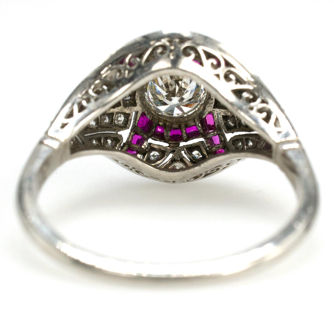 Platinum Art Deco Style Ruby and Diamond Ring with Filigree