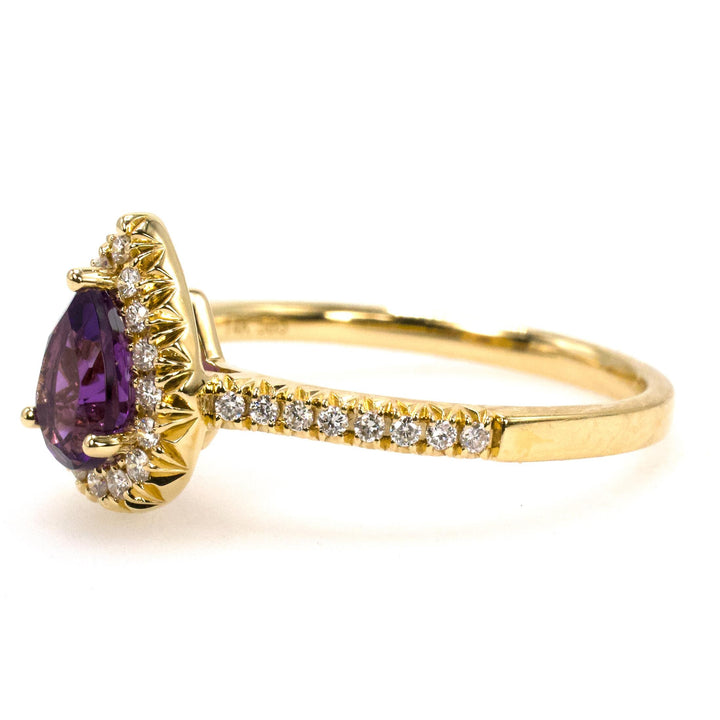 14K Yellow Gold Pear Cut Amethyst Engagement Ring with Diamond Halo