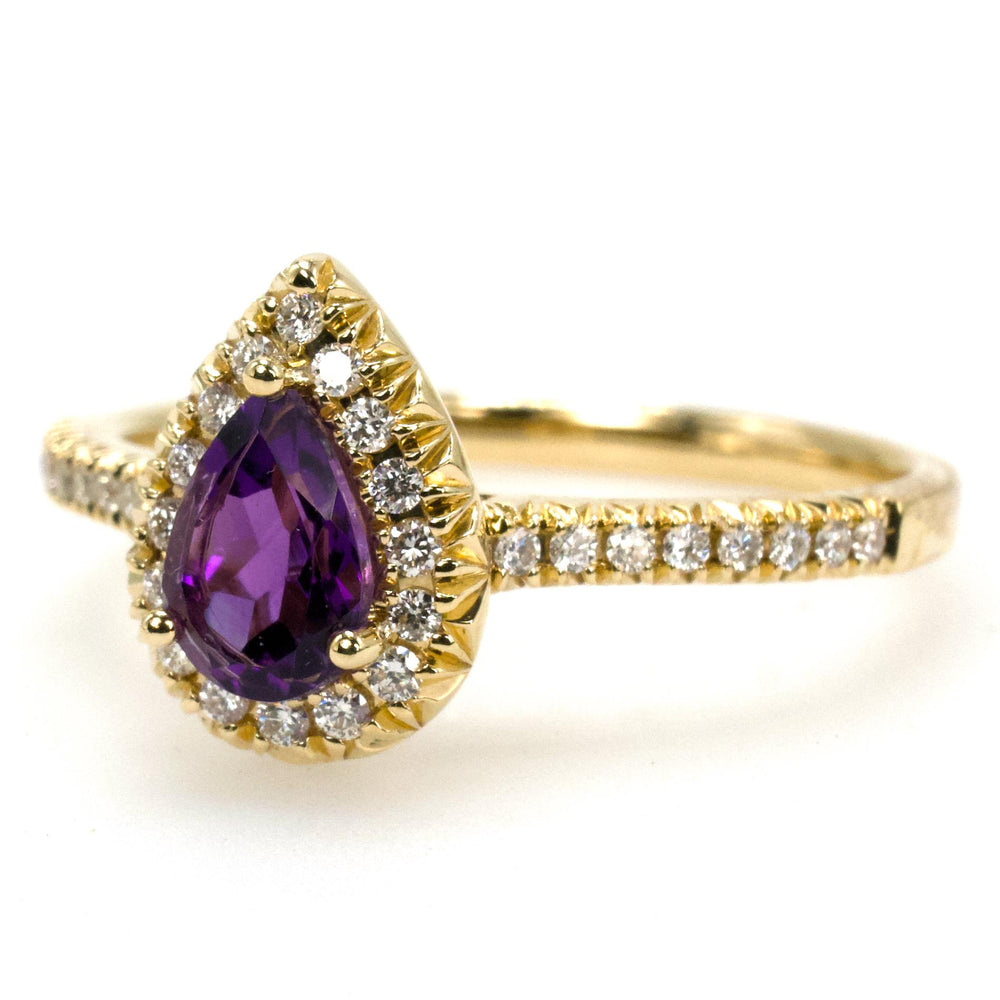 14K Yellow Gold Pear Cut Amethyst Engagement Ring with Diamond Halo