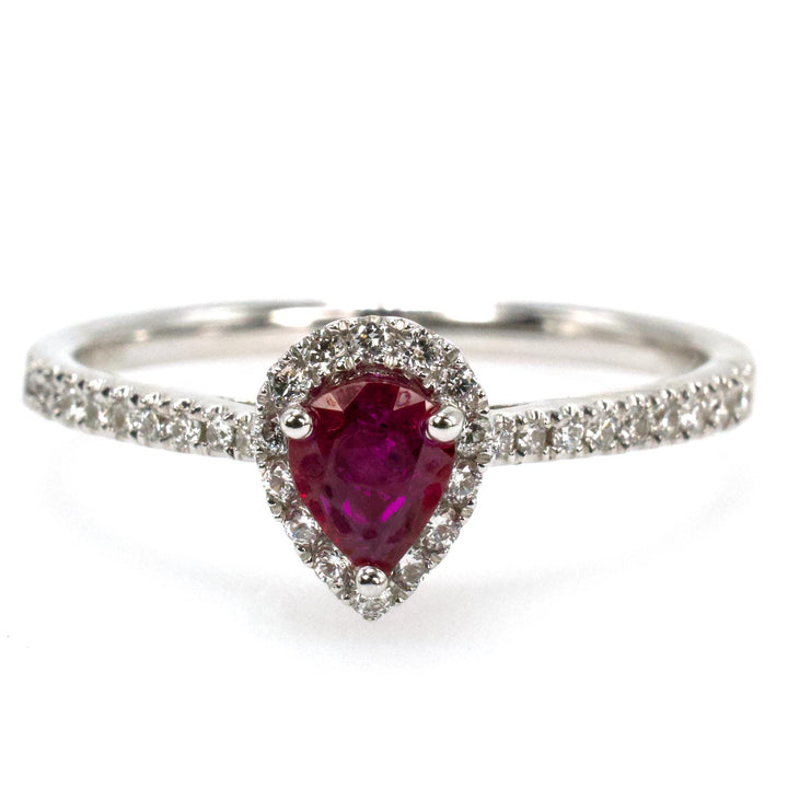 14K White Gold Pear Cut Ruby Engagement Ring with Diamond Halo