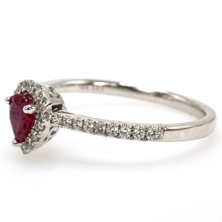 14K White Gold Pear Cut Ruby Engagement Ring with Diamond Halo