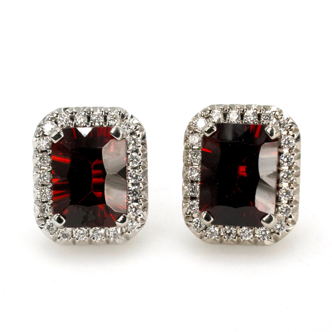 Emerald Cut Red Garnet Stud Earrings with Diamond Halo –