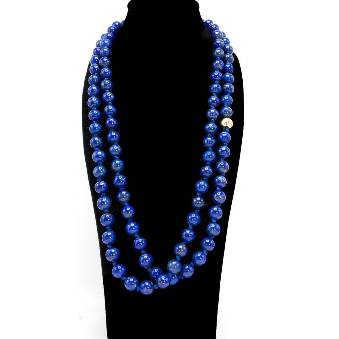 Estate 39" Endless 8mm Lapis Lazuli Beaded Necklace with Gold and Diamond Ball