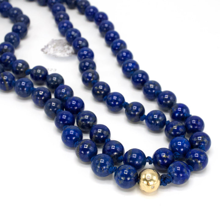 Estate 39" Endless 8mm Lapis Lazuli Beaded Necklace with Gold and Diamond Ball