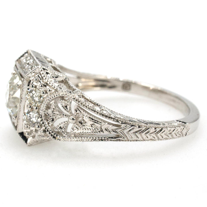 0.56 Carat Old European Cut Diamond in Art Deco Style White Gold Square Setting with Filigree