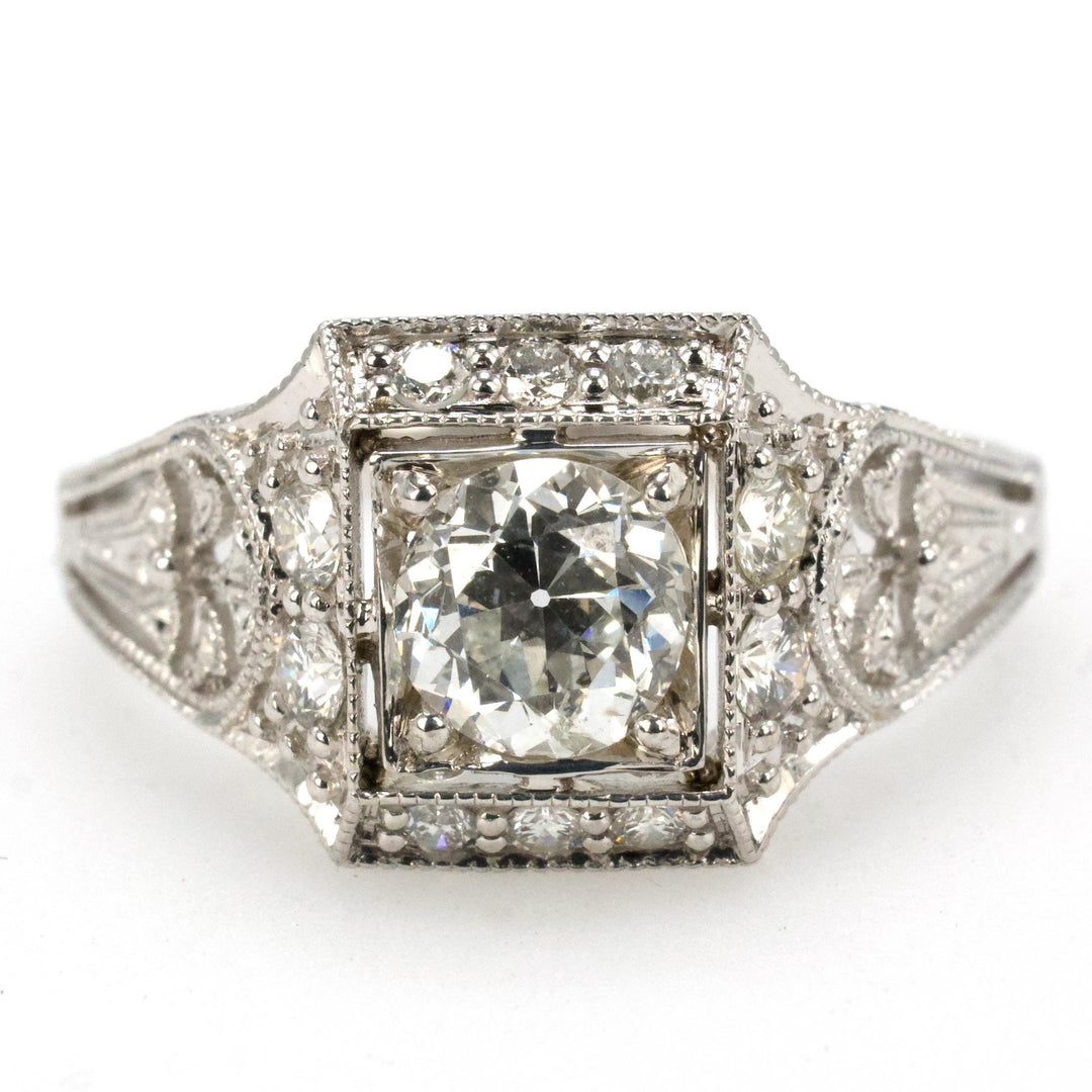 0.56 Carat Old European Cut Diamond in Art Deco Style White Gold Square Setting with Filigree