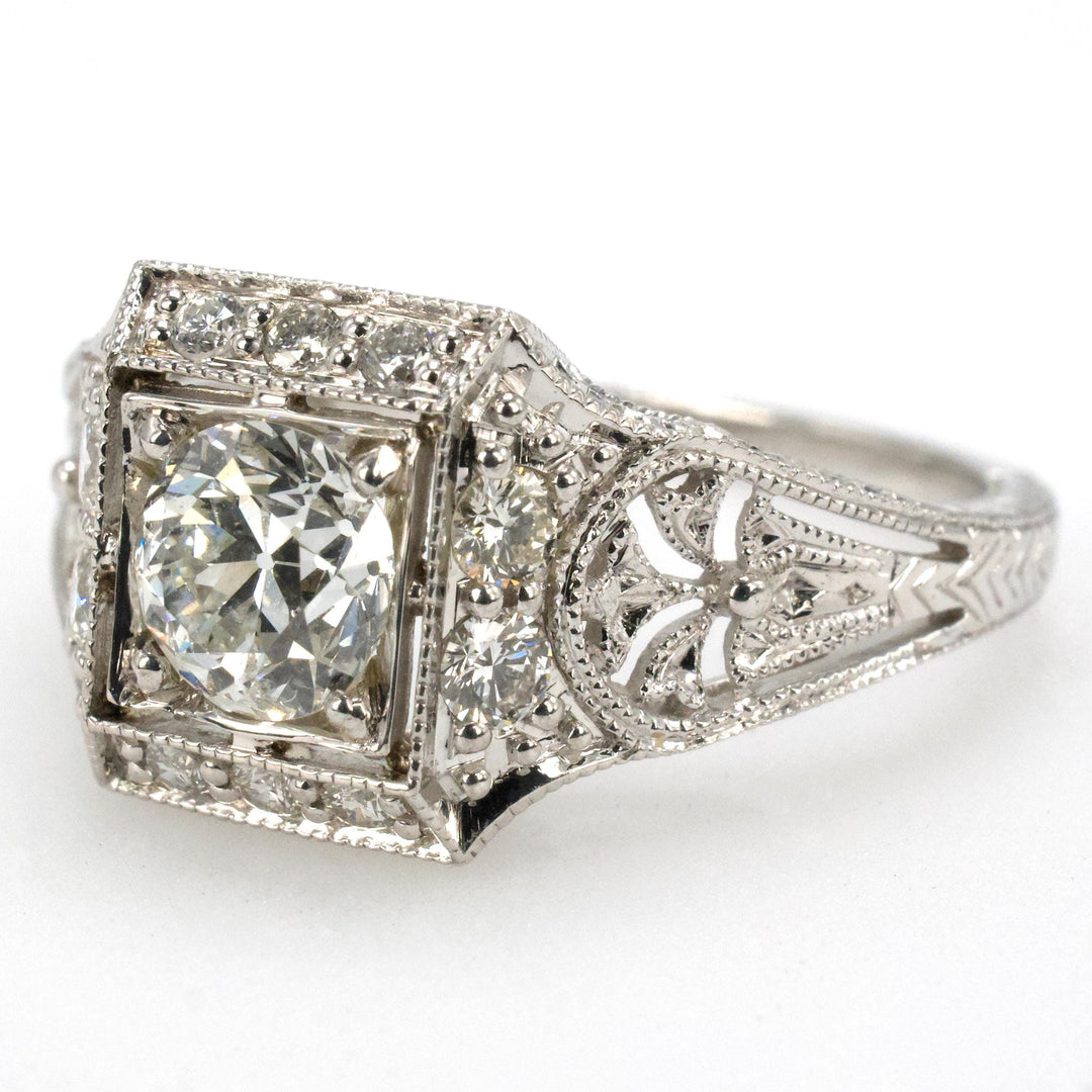 0.56 Carat Old European Cut Diamond in Art Deco Style White Gold Square Setting with Filigree