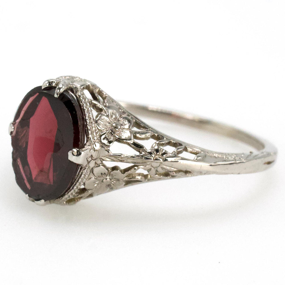 14K White Gold Edwardian Style Filigree Ring with Flat Topped Oval Garnet