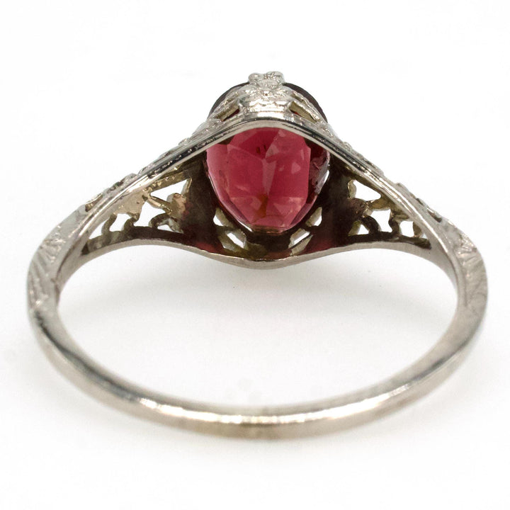 14K White Gold Edwardian Style Filigree Ring with Flat Topped Oval Garnet