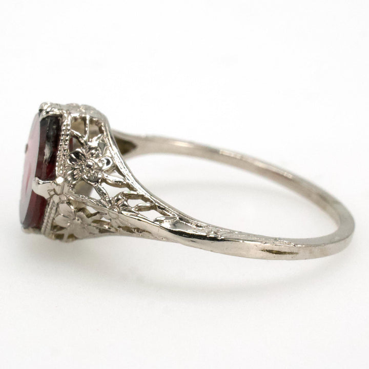 14K White Gold Edwardian Style Filigree Ring with Flat Topped Oval Garnet