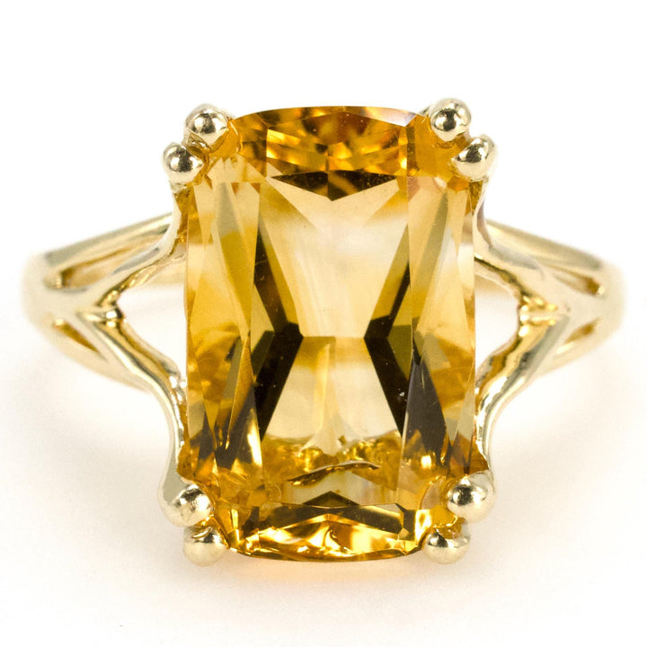 Large Elongated Cushion Cut Citrine in Split Shank Yellow Gold Ring Setting