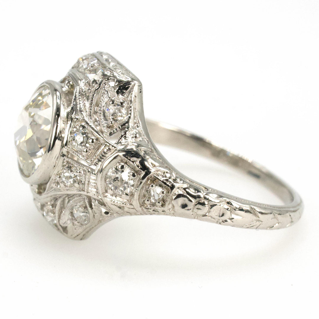 Edwardian Platinum Engagement Ring with 1.62 Carat Old European Cut Center Diamond