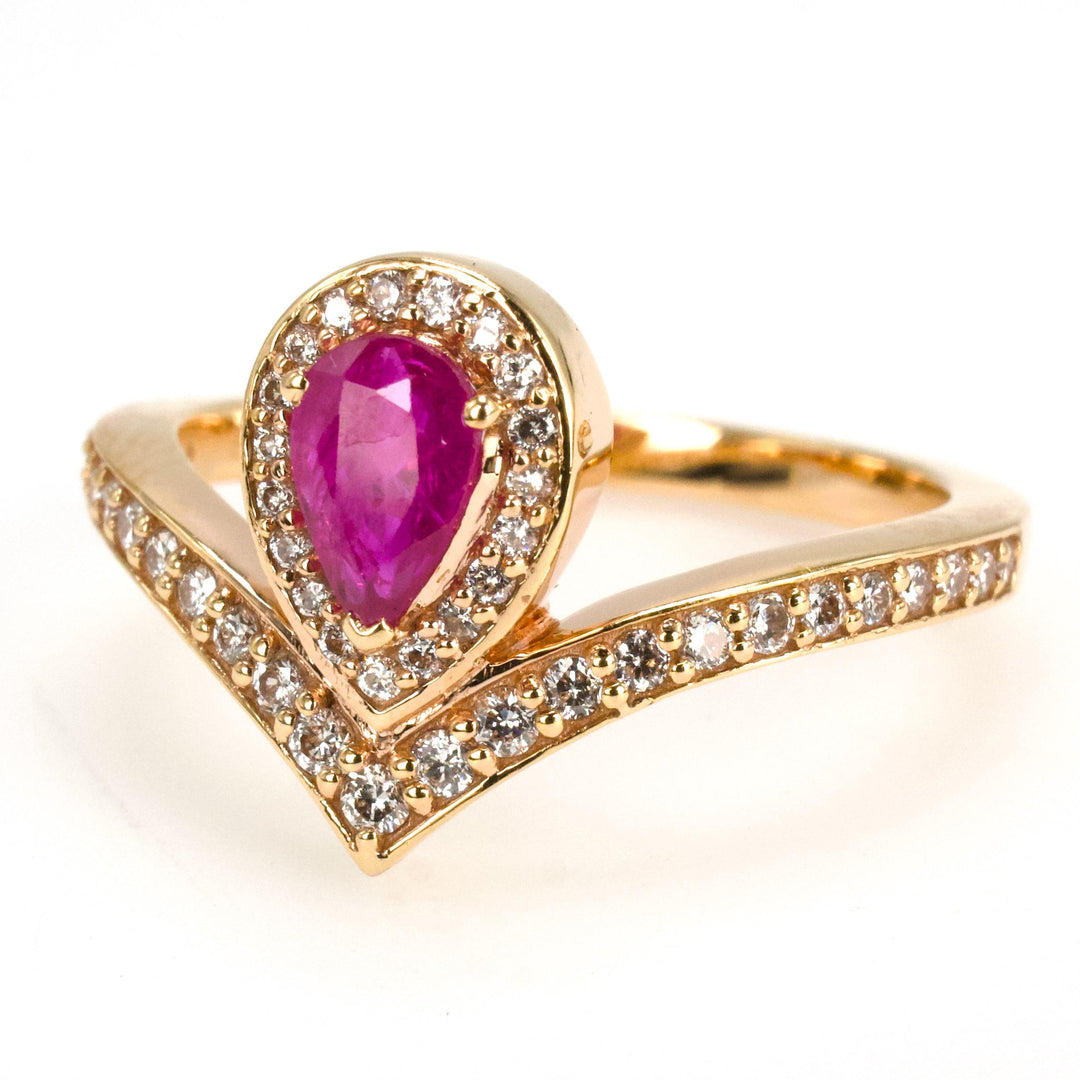 Art Nouveau Style Pear Ruby and Diamond Tiara Style Ring