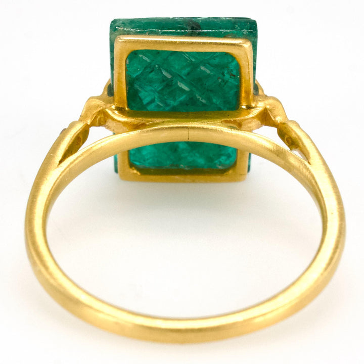 Carved Rectangular Emerald in 18 Karat Gold Ancient Inspired Ring