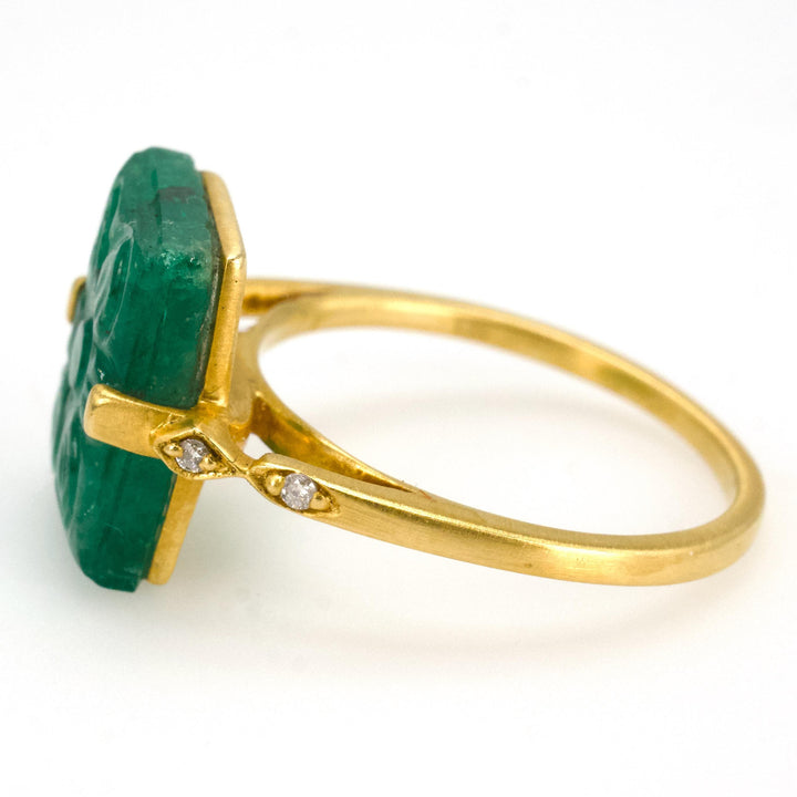 Carved Rectangular Emerald in 18 Karat Gold Ancient Inspired Ring