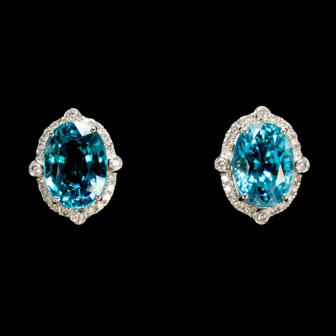 Antique Inspired Large Oval Blue Zircon and Diamond Stud Earrings