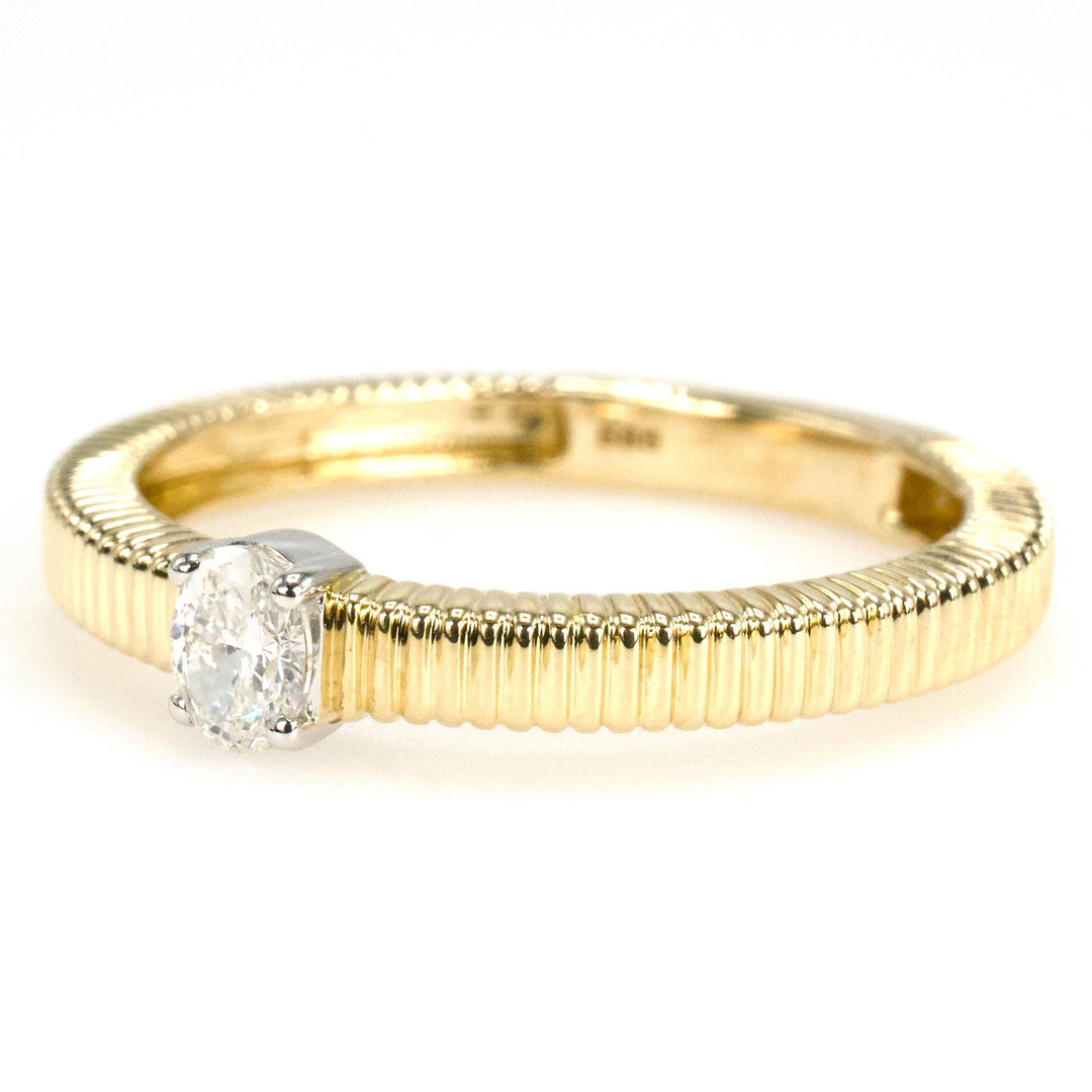 Ribbed Yellow Gold Band with Small Oval Diamond