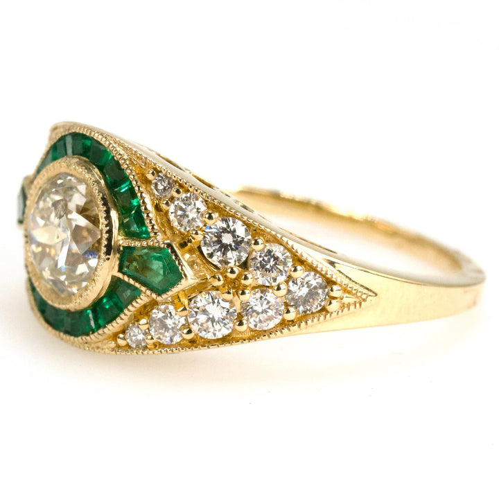 Art Deco Style European Cut Diamond Ring with Accent Emeralds and Pavé Diamonds