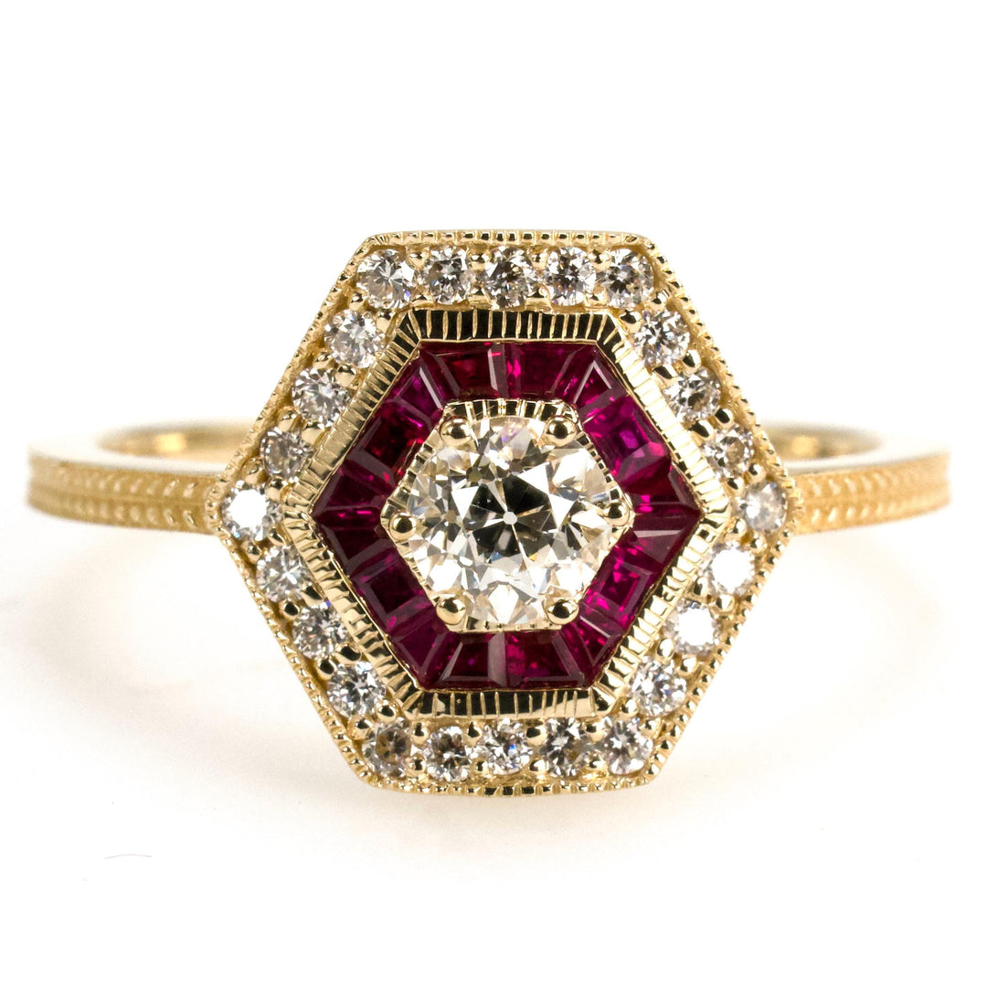 Shield or Hexagonal Shaped Diamond and Ruby Double Halo Art Deco Style Ring