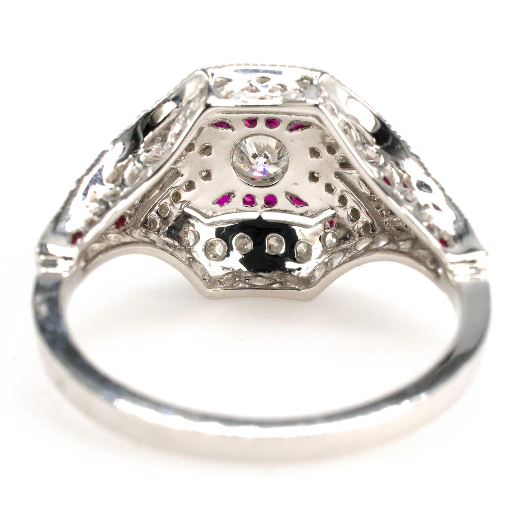 14K White Gold Diamond and Ruby Art Deco Style Engagement Ring