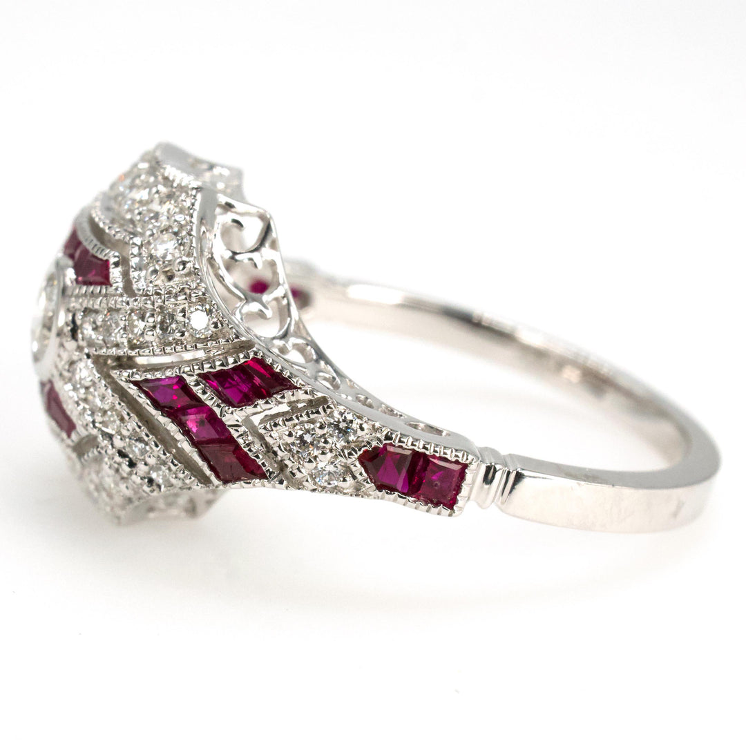 14K White Gold Diamond and Ruby Art Deco Style Engagement Ring