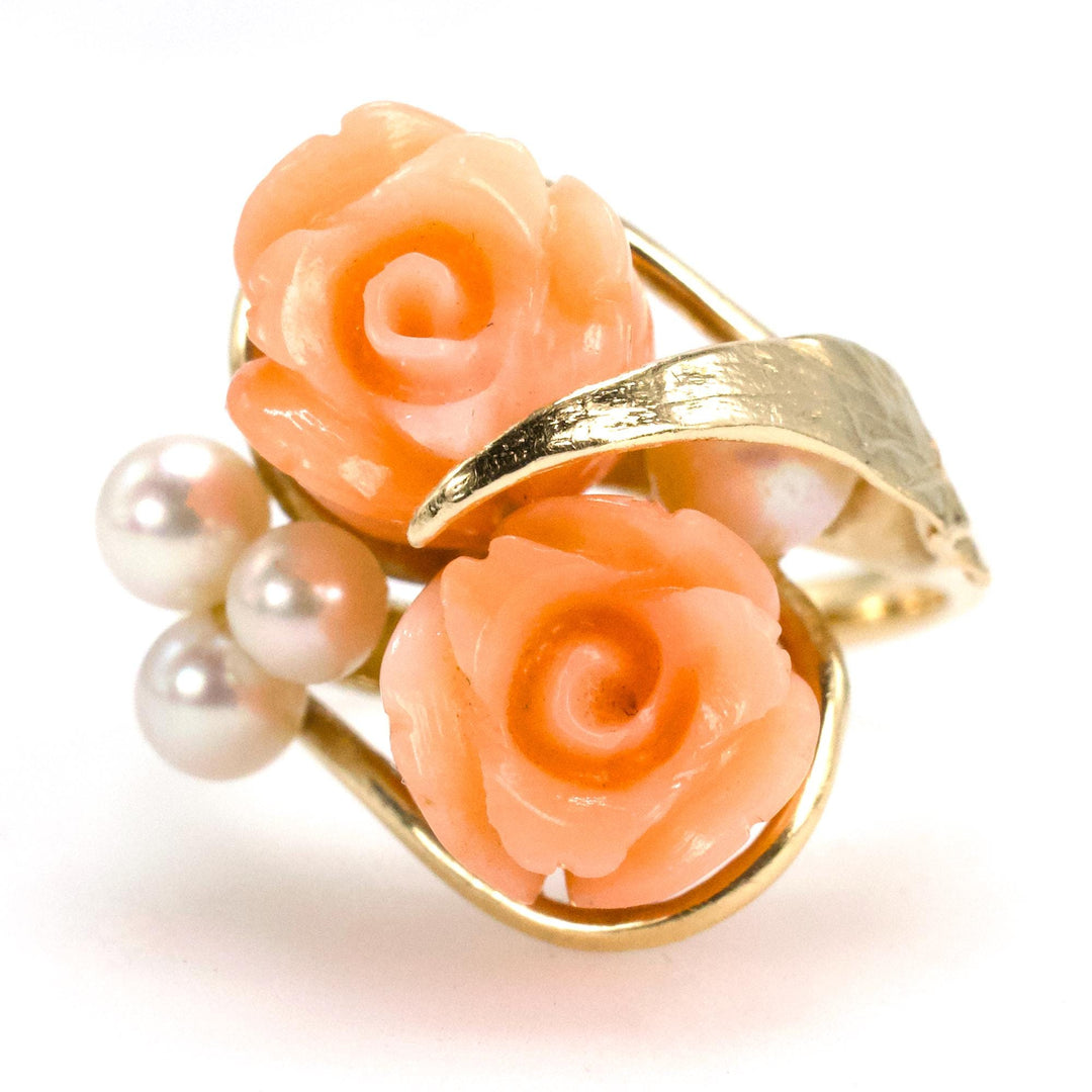 Vintage 14K Yellow Gold Carved Coral Rose and Pearl Ring