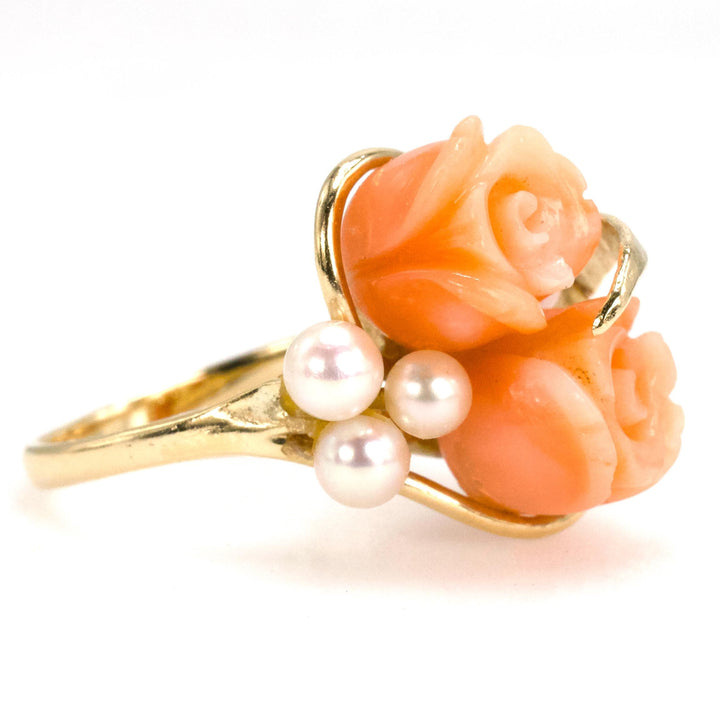 Vintage 14K Yellow Gold Carved Coral Rose and Pearl Ring