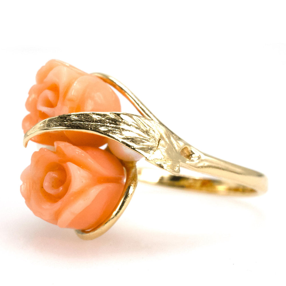 Vintage 14K Yellow Gold Carved Coral Rose and Pearl Ring