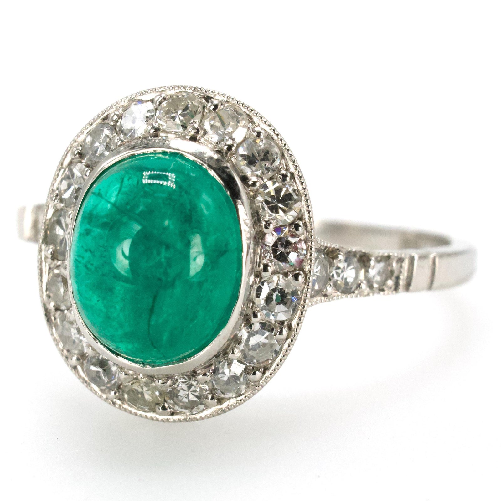 Edwardian Style Cabochon Emerald and Diamond Ring in Platinum